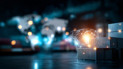 World logistics with global network distribution map, industrial container cargo freight ship background, concept of fast or instant shipping visualization, international trade wit