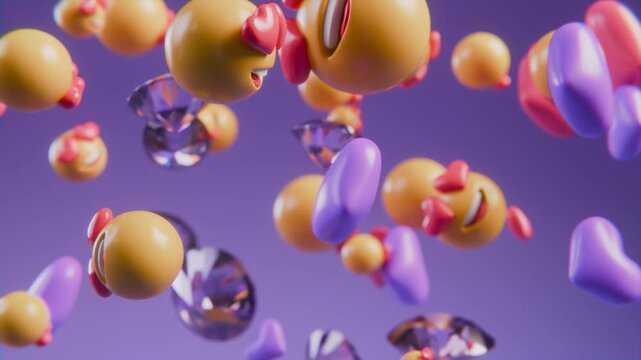 Seamless Loop 3D Heart Emoji and Crystals in Purple Vortex