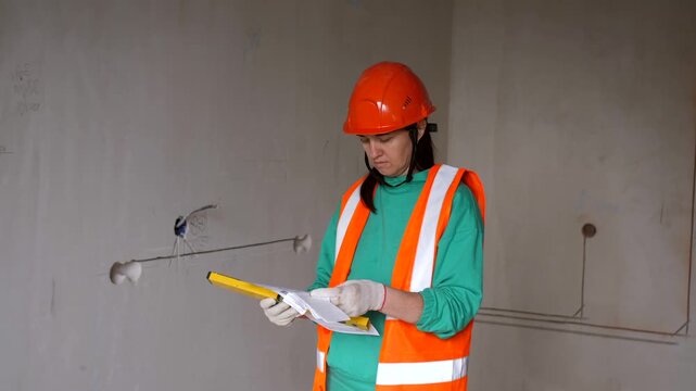 Female Construction Engineer Inspecting Interior with Blueprints