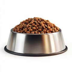 Full bowl of dry pet food isolated on white