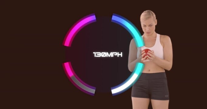 Animation of speedometer over female athlete holding a shotput ball against black background