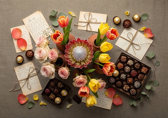 Vintage Romance Still Life Protea Tulips Chocolates