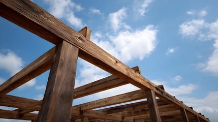 Detailed view of a rustic wooden building frame with exposed beams against a clear blue sky filled with soft white clouds