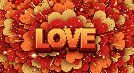 Vibrant burst of hearts featuring golden LOVE typography