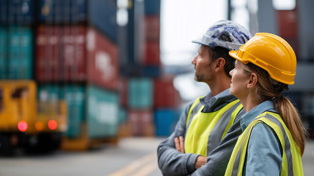 Industrial workers at overseas shipping container yard, logistics supply chain management professionals collaborating, international goods export concept with cargo containers, com