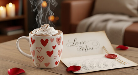 Valentine Cocoa Mug Steam and Antique Sealed Love Kisses Note