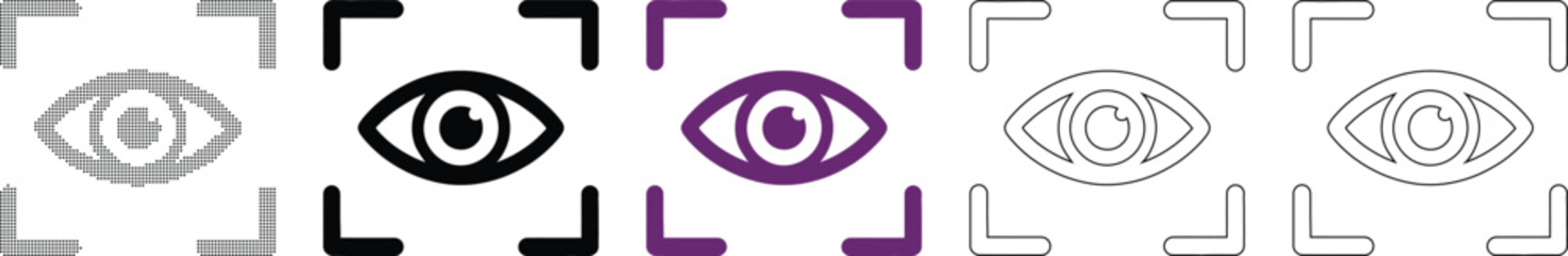 Various eye icons with camera viewfinder frames on white background