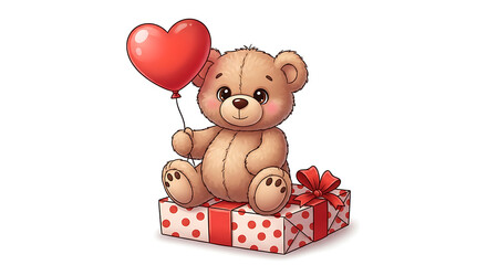 Sweet Plush Bear Sits on Polka Dot Gift Box with Red Balloon
