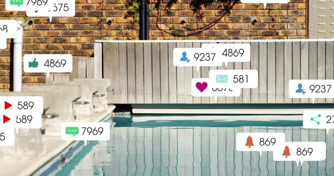 Animation of changing numbers, icons over outdoor swimming pool