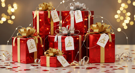 Sparkling Love Gifts Red Boxes Gold Ribbon Bokeh