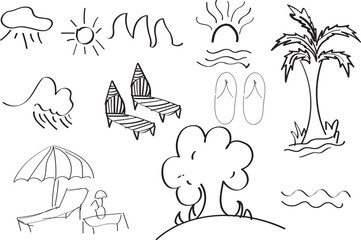Obraz premium Hand Drawn Summer Vacation Doodle Icons Set – Beach, Sun, Travel Sketch Collection, Hand drawn summer vacation doodle icons set featuring simple line sketches of sun, beach chair, umbrella, palm tree 
