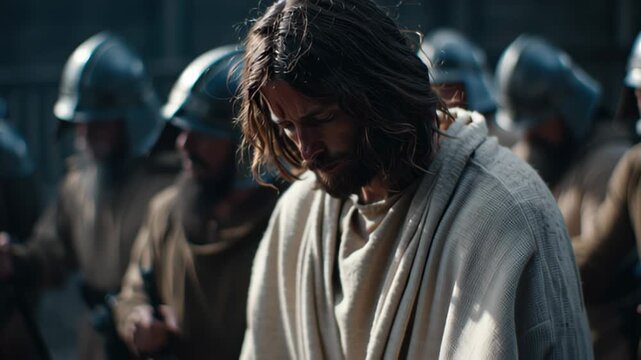 Man with crown of thorns suffering during passion, a religious biblical scene for christian easter or good friday.