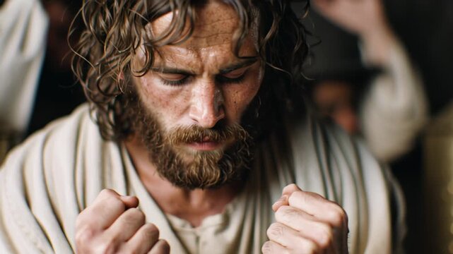 Man experiencing agony and suffering, eyes closed in deep contemplation, religious depiction of faith, passion, and sorrow