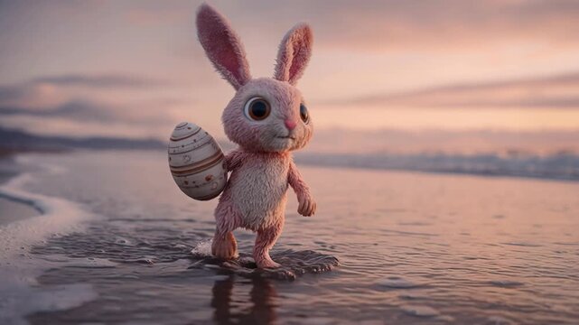 Adorable small pink easter bunny walking on sandy beach carrying colorful egg basket at sunset ocean waves