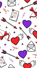 Romantic Doodle Pattern Flying Hearts and Cupid Arrows