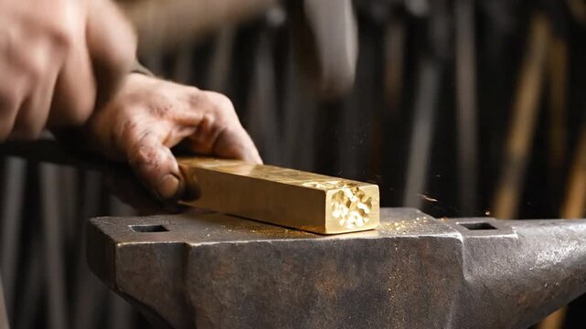 Goldsmith Hammering A Solid Gold Bar