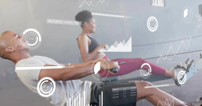 Animation of financial data processing over diverse people using indoor rower on gym