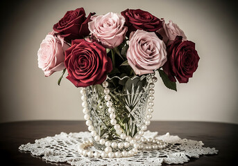 Romantic Bouquet Dark Roses Crystal Vase and Draped Pearls