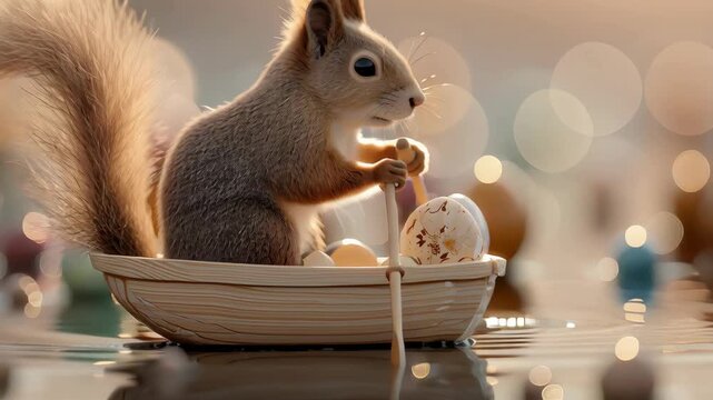 Cute fluffy squirrel rowing tiny wooden boat with oar amid floating colorful pastel easter eggs on reflective water surface