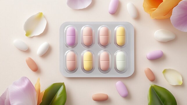 Colorful medical pills in a blister pack on a soft pastel background with petals and leaves. Healthcare concept for pharmacy, wellness, medicine and treatment design