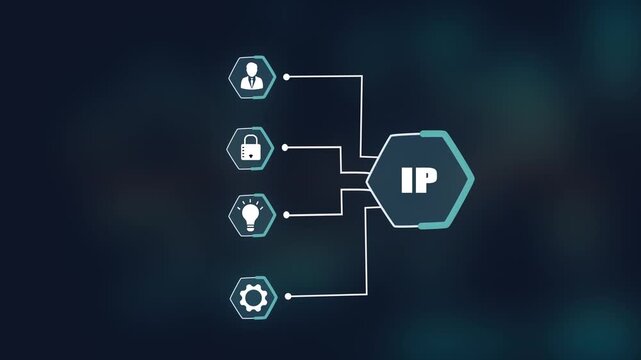 Intellectual property IP protection concept, digital asset management, network protocol security, innovation and legal technology automation.