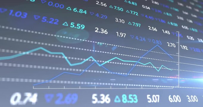 After fading numeric rows, blue line chart tracing peaks and dipping to visualize market trends