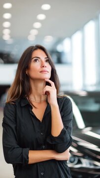 Thoughtful Customer standing in a modern car dealership showroom, considering vehicle options and making a purchasing decision.	