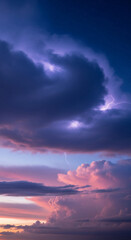 Obraz premium Dramatic sky with lightning strike. Pink, purple, and dark gray clouds against a starry night sky, conveying power and natural phenomenon