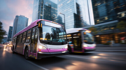 Obraz premium Modern city buses in motion showing public transportation, contemporary transit vehicles in vibrant urban setting, municipal bus service with organized passenger movement, metropol