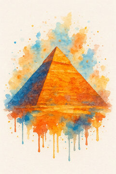 Vibrant watercolor illustration of the Great Pyramid of Giza featuring artistic paint splashes and abstract colors.