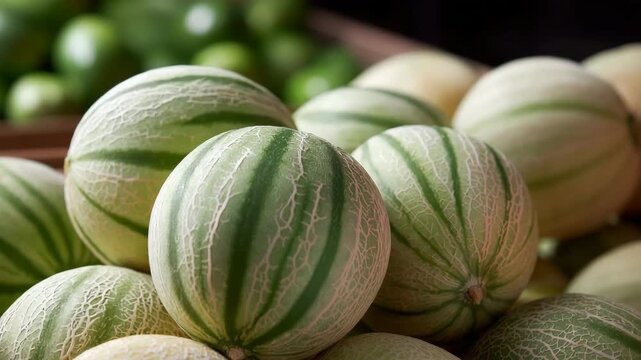 Fresh green striped melons in a market display