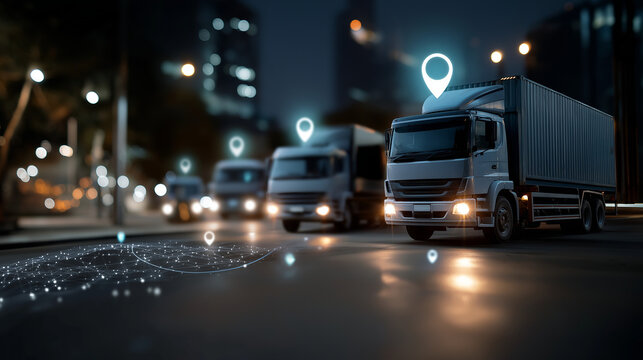Digital representation of logistics and transportation system, trucks with GPS markers for fleet management, smart logistics concept with location tracking technology, commercial f
