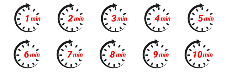 Minute duration icon set showing one to ten minutes with circular arrow progress clock symbols and red numeric text for countdown timers or delivery service scheduling isolated on white background.