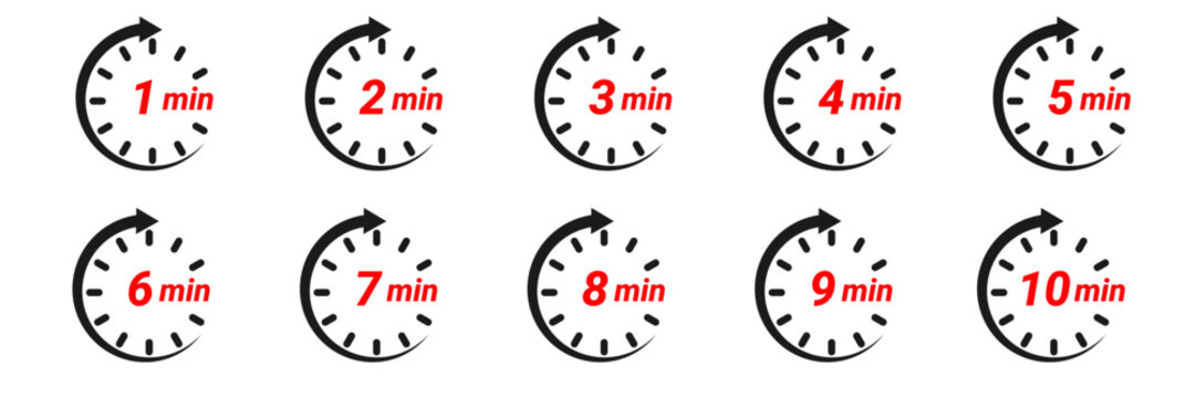 Minute duration icon set showing one to ten minutes with circular arrow progress clock symbols and red numeric text for countdown timers or delivery service scheduling isolated on white background.