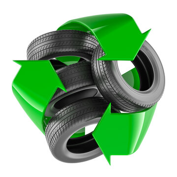 Car tires with green recycling arrows symbol, tire recycling concept. 3D rendering