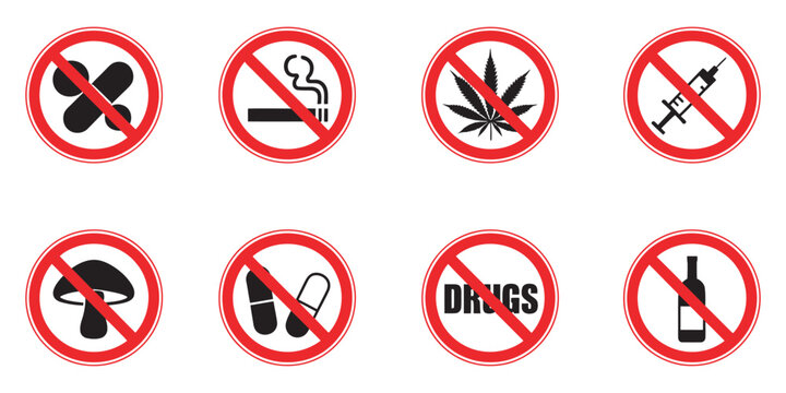 Say no to drugs, prohibition pictogram set, no smoking drinking drugs pills, black silhouette icons, addiction warning, red stop forbidden symbol sign