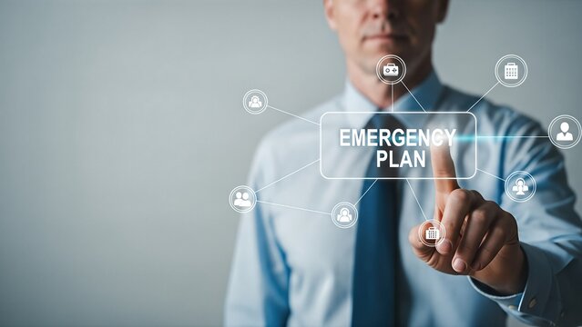 Business professional interacts with digital interface displaying emergency plan, highlighting preparedness and response strategies in a corporate environment with modern technology.