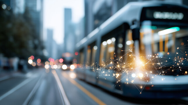 Transportation and technology concept for intelligent systems, smart city internet of things with public transport, web3 and AI integration in transit infrastructure, modern mobili