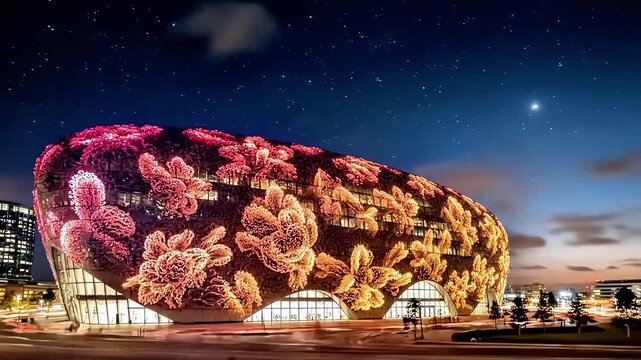 Futuristic building facade glows under vibrant floral projections during evening twilight, modern architecture shines through neon blue pink floral patterns, sophisticated urban design concept