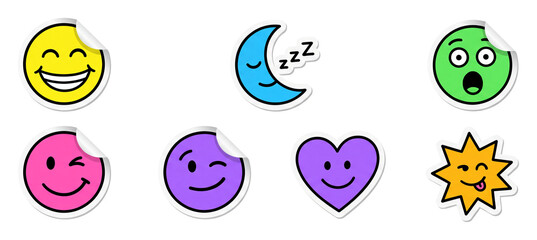 Obraz premium Bright mood faces and icons doodle sticker Set.