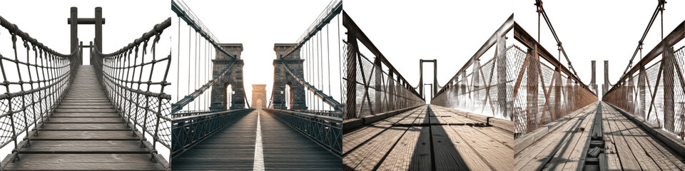 Obraz premium Set of suspension and wooden bridges: Collection of rope, stone, and industrial bridges with perspective view isolated on white background for architecture and metaphorical concepts.