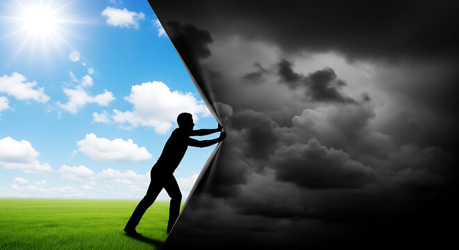 Silhouette of man pulling back dark stormy weather to reveal bright sunny day