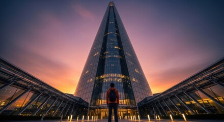 Naklejka premium Iconic Skyscraper Silhouette at Sunset - Architectural Marvel.