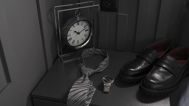 Men's wedding accessories are laid out on the floor in a beautiful arrangement