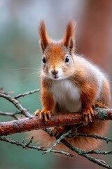 Obraz premium Red squirrel on a branch in a forest