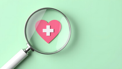 Fototapeta premium Magnifying glass focusing on a pink heart with a white medical cross symbol