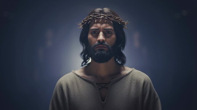 Jesus christ, a man, stands with a crown of thorns and changes his gaze from downward to direct while roman soldiers stand around him.