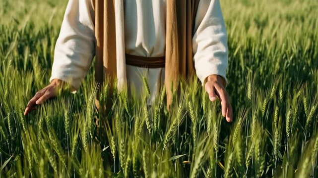 esus hands, scarred by stigamata, touch ripening wheat in a sunlit field. A religious concept of agriculture with biblical symbolism and references to nature.