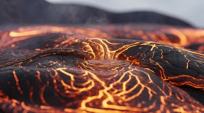 Molten Lava Flow with Glowing Orange Magma on Dark Volcanic Rock Surface