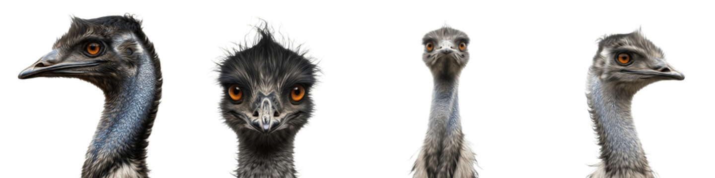 Set of emu head portraits: Collection of exotic bird close-ups with expressive orange eyes isolated on white background for wildlife and nature concepts.
